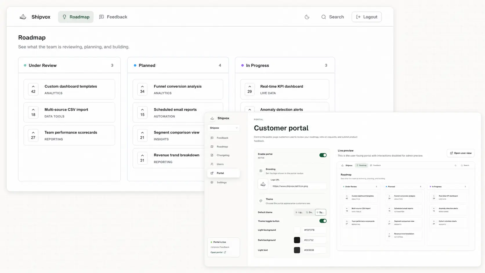 Shipvox setup and feedback portal views arranged for a solo SaaS founder