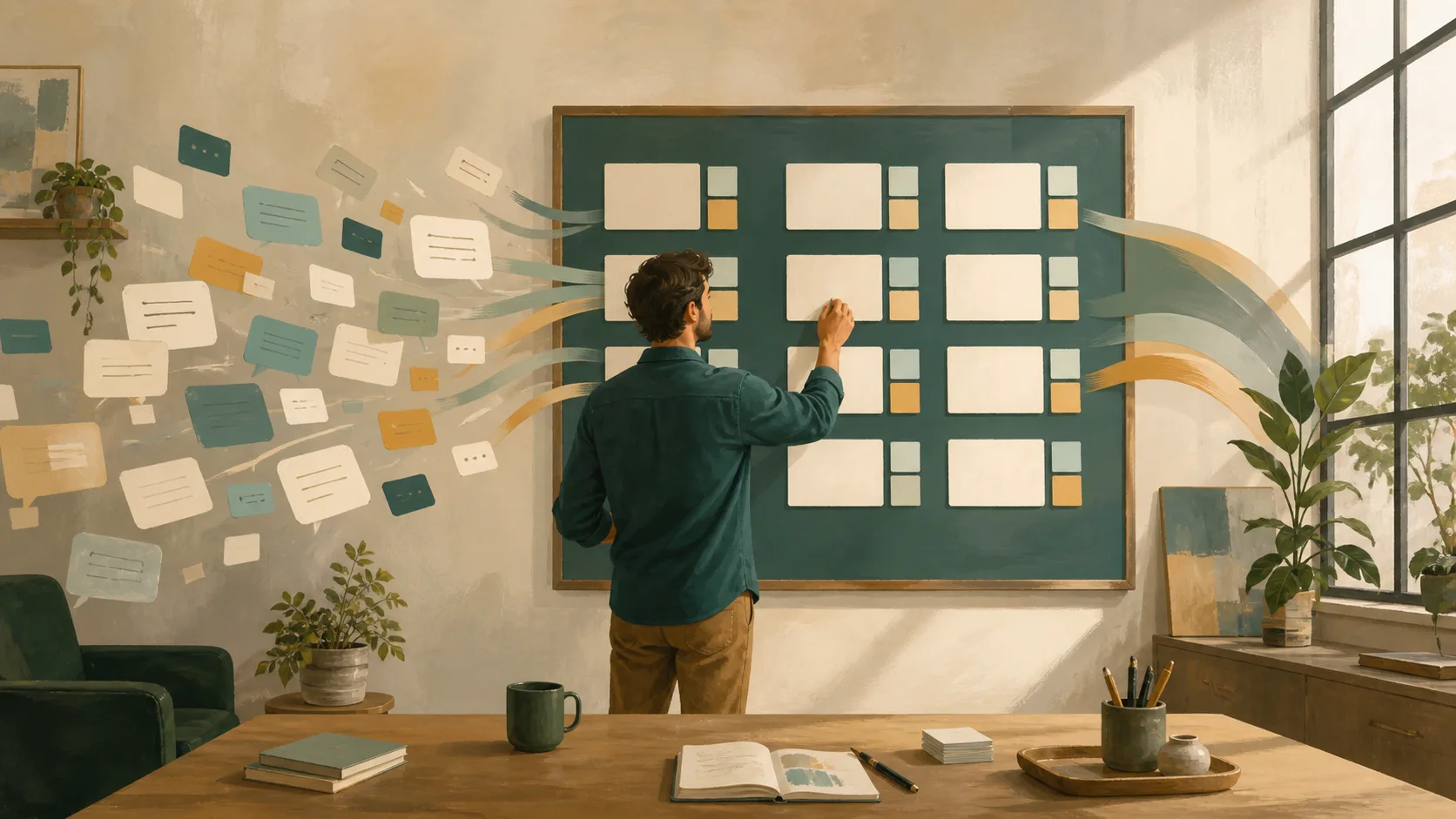 Scattered customer messages flowing into one organized feature request board