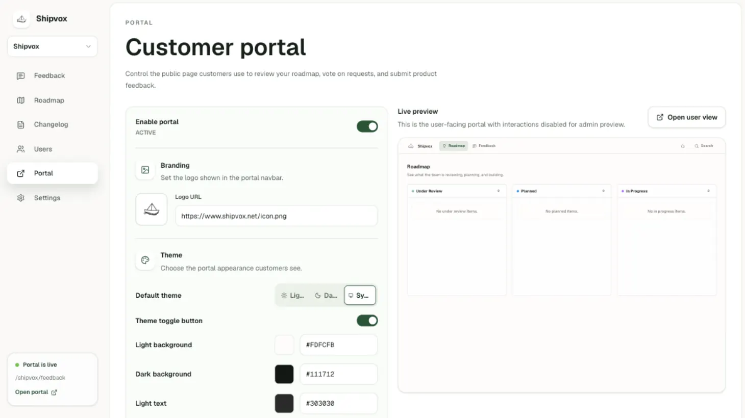 Shipvox portal settings and live preview for a small product team