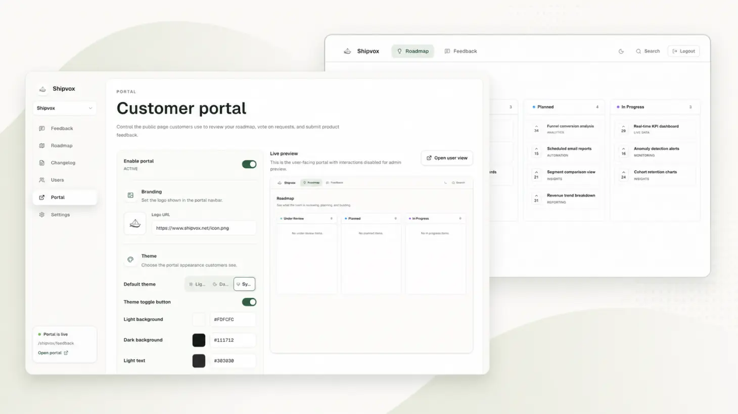 Shipvox portal setup flow showing product name, branding, and share steps